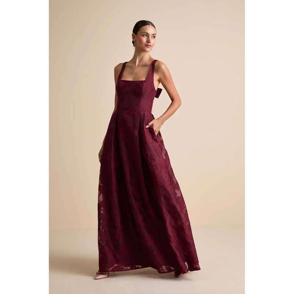 Lulus NWOT Perfected Aura Red Jacquard Tie-Back Maxi Dress with Pockets - XL